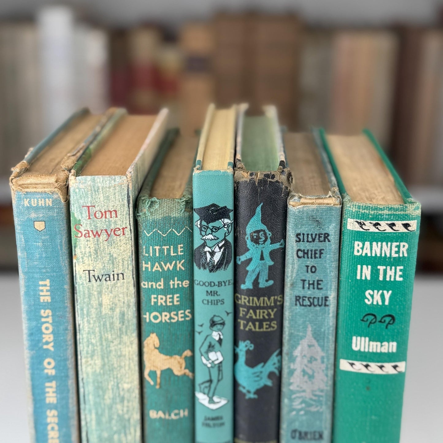 Vintage Teal Blue Green Children's Books for Bookshelf Decor, Playroom Kids Room Styling - Pretty Old Books