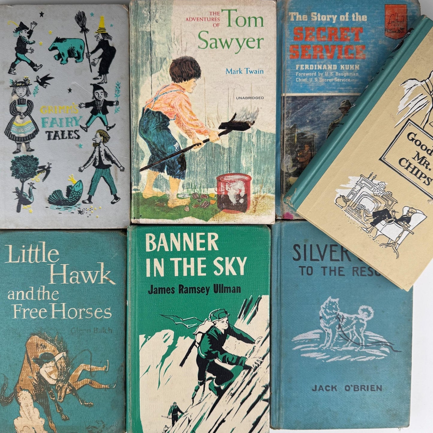 Vintage Teal Blue Green Children's Books for Bookshelf Decor, Playroom Kids Room Styling - Pretty Old Books