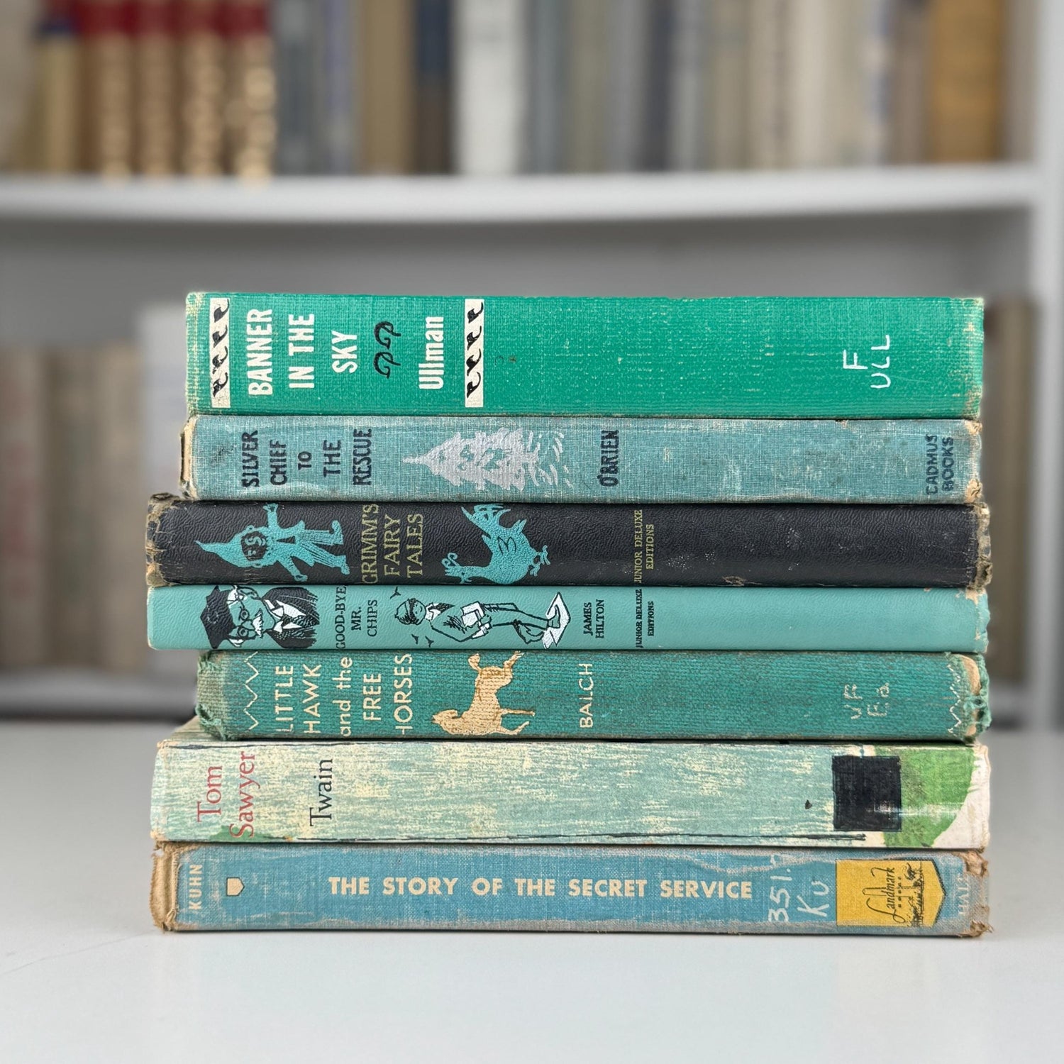 Vintage Teal Blue Green Children's Books for Bookshelf Decor, Playroom Kids Room Styling - Pretty Old Books