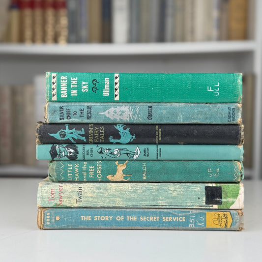 Vintage Teal Blue Green Children's Books for Bookshelf Decor, Playroom Kids Room Styling - Pretty Old Books