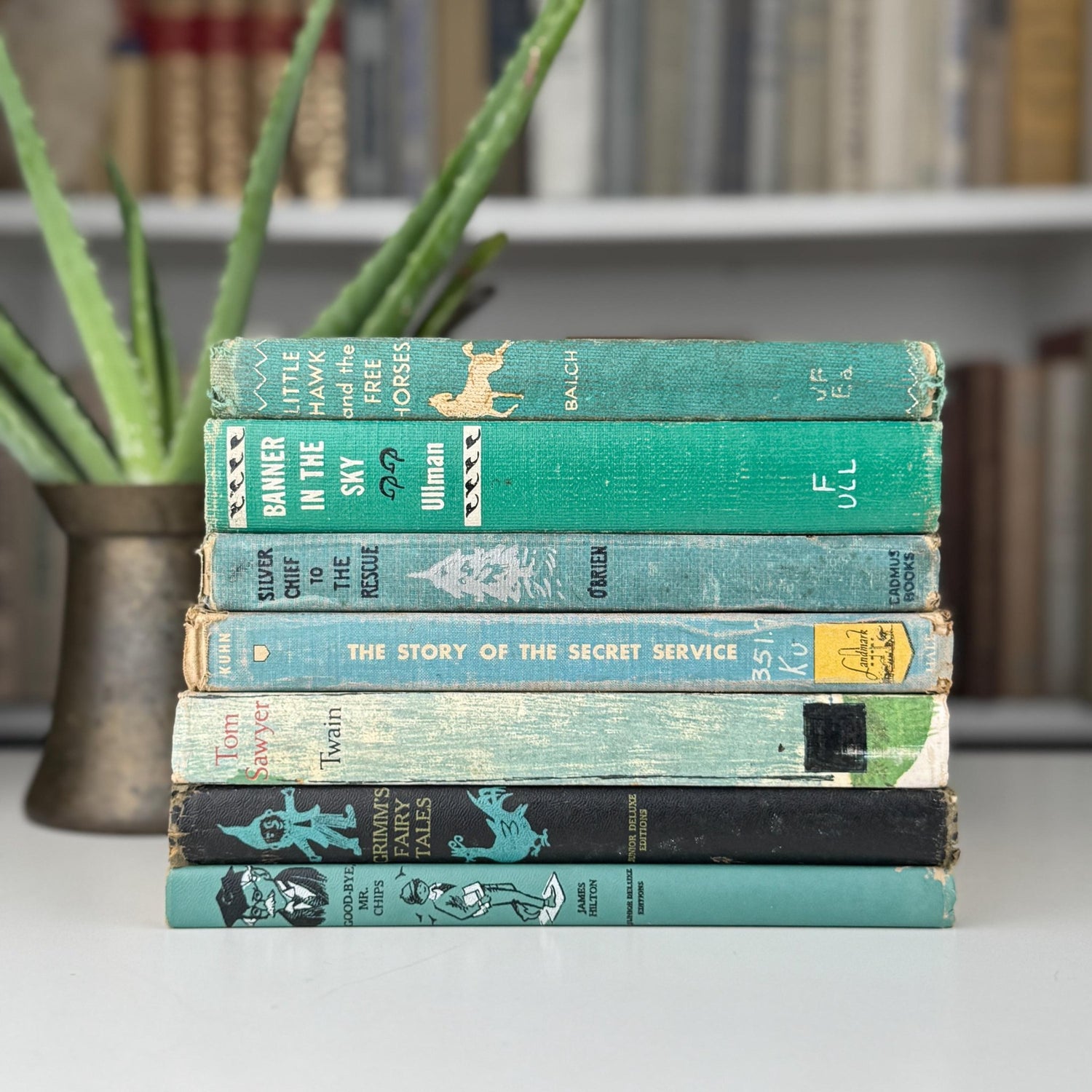 Vintage Teal Blue Green Children's Books for Bookshelf Decor, Playroom Kids Room Styling - Pretty Old Books