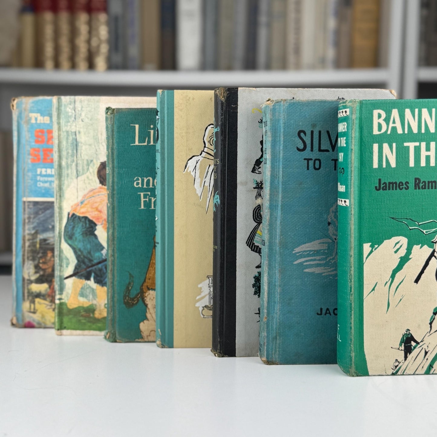 Vintage Teal Blue Green Children's Books for Bookshelf Decor, Playroom Kids Room Styling - Pretty Old Books