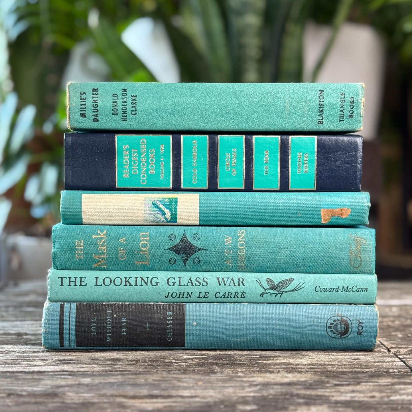 Vintage Teal Green and Navy Book Set for Decor - Pretty Old Books