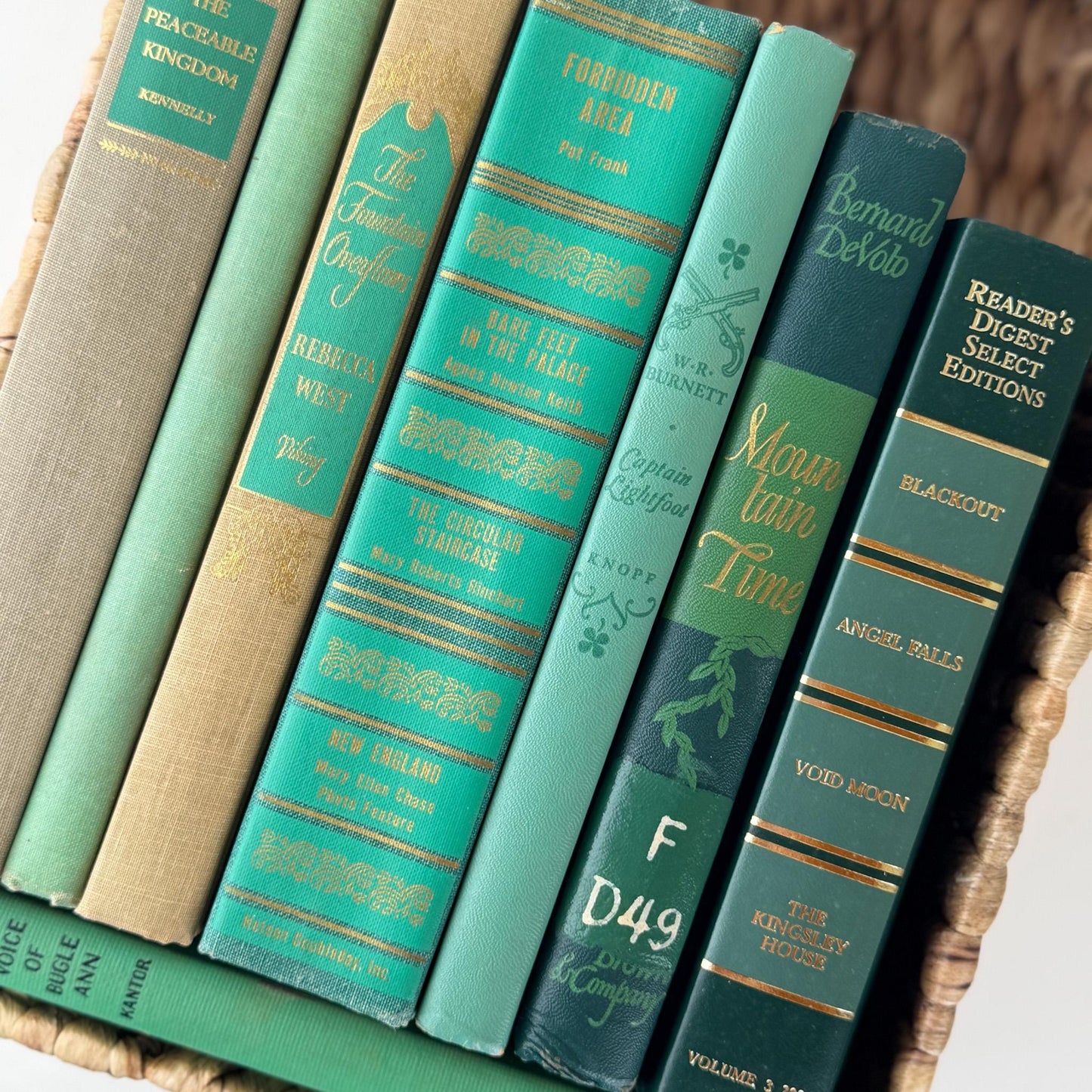 Vintage Teal Green and Tan Book Set for Shelf Styling and Decorating - Pretty Old Books