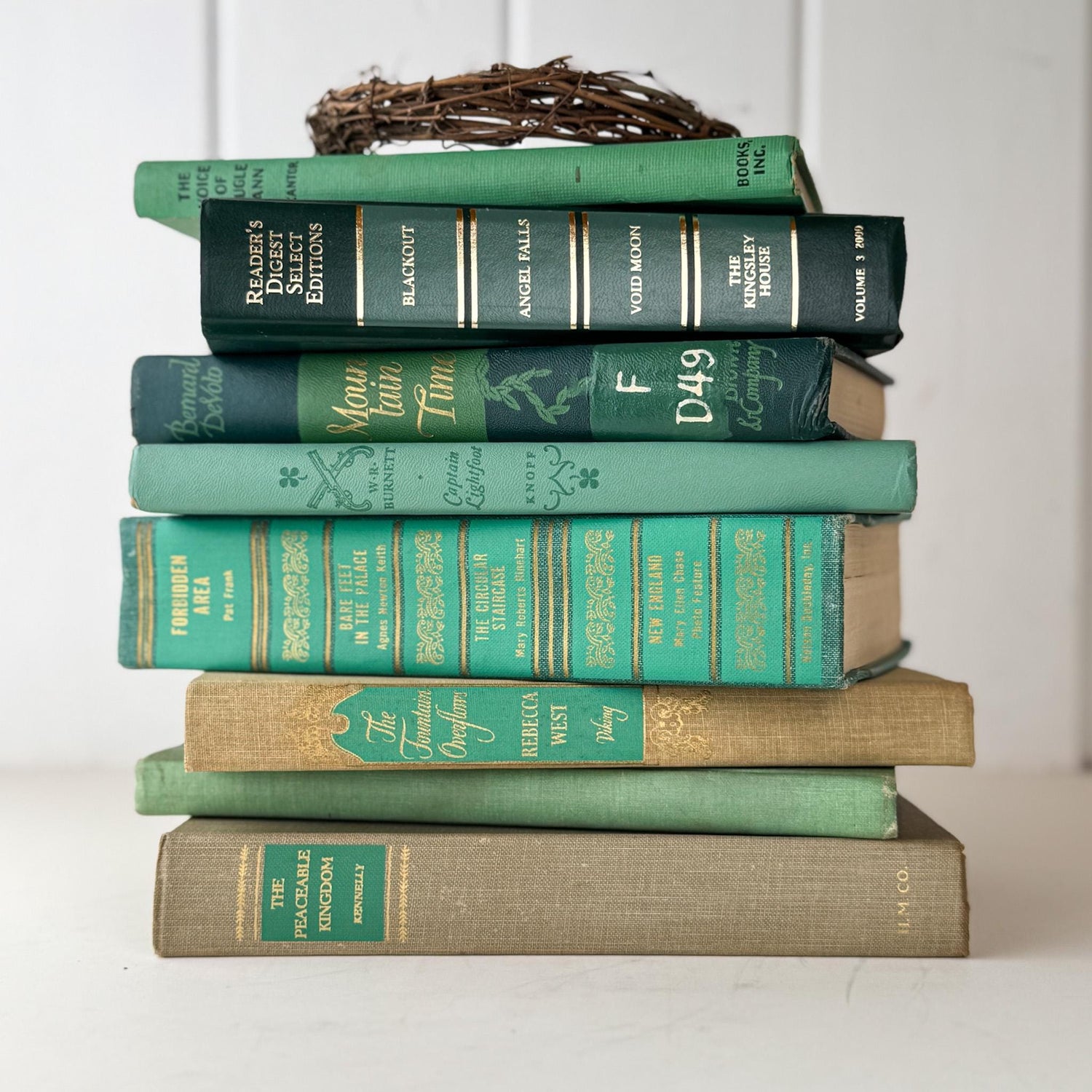 Vintage Teal Green and Tan Book Set for Shelf Styling and Decorating - Pretty Old Books