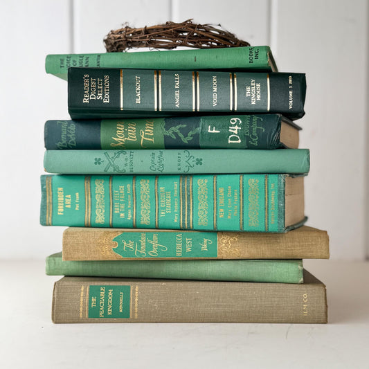 Vintage Teal Green and Tan Book Set for Shelf Styling and Decorating - Pretty Old Books