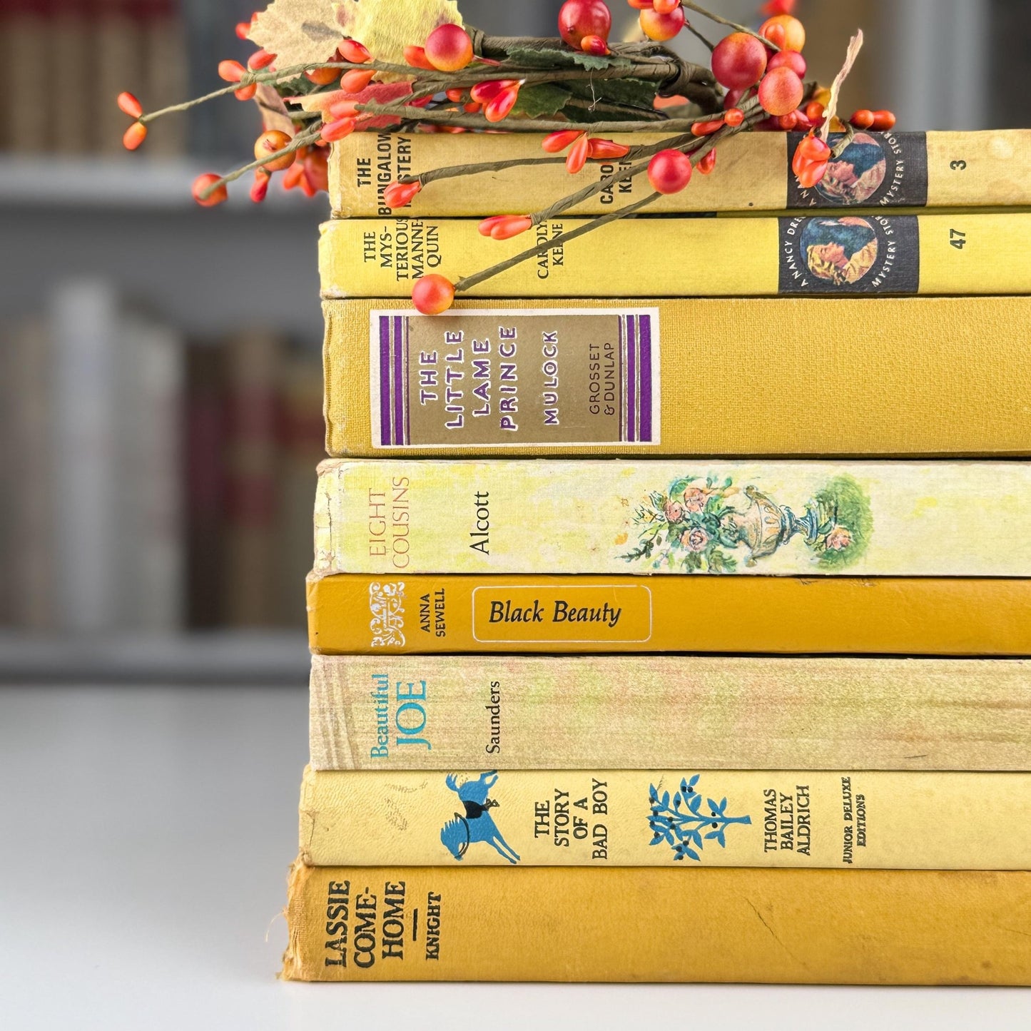 Vintage Yellow and Mustard Children's Book Set for Shelf Styling - Pretty Old Books