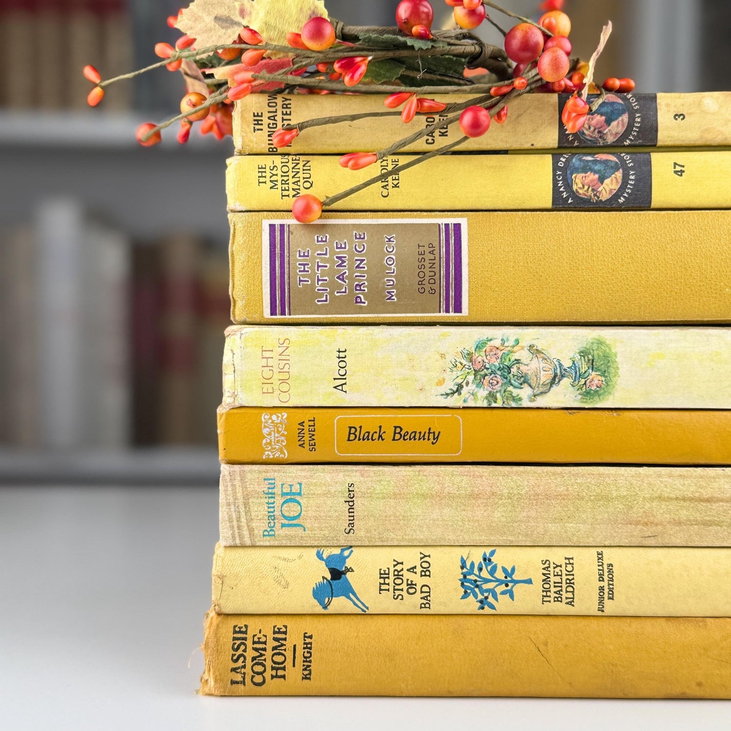 Vintage Yellow and Mustard Children's Book Set for Shelf Styling - Pretty Old Books