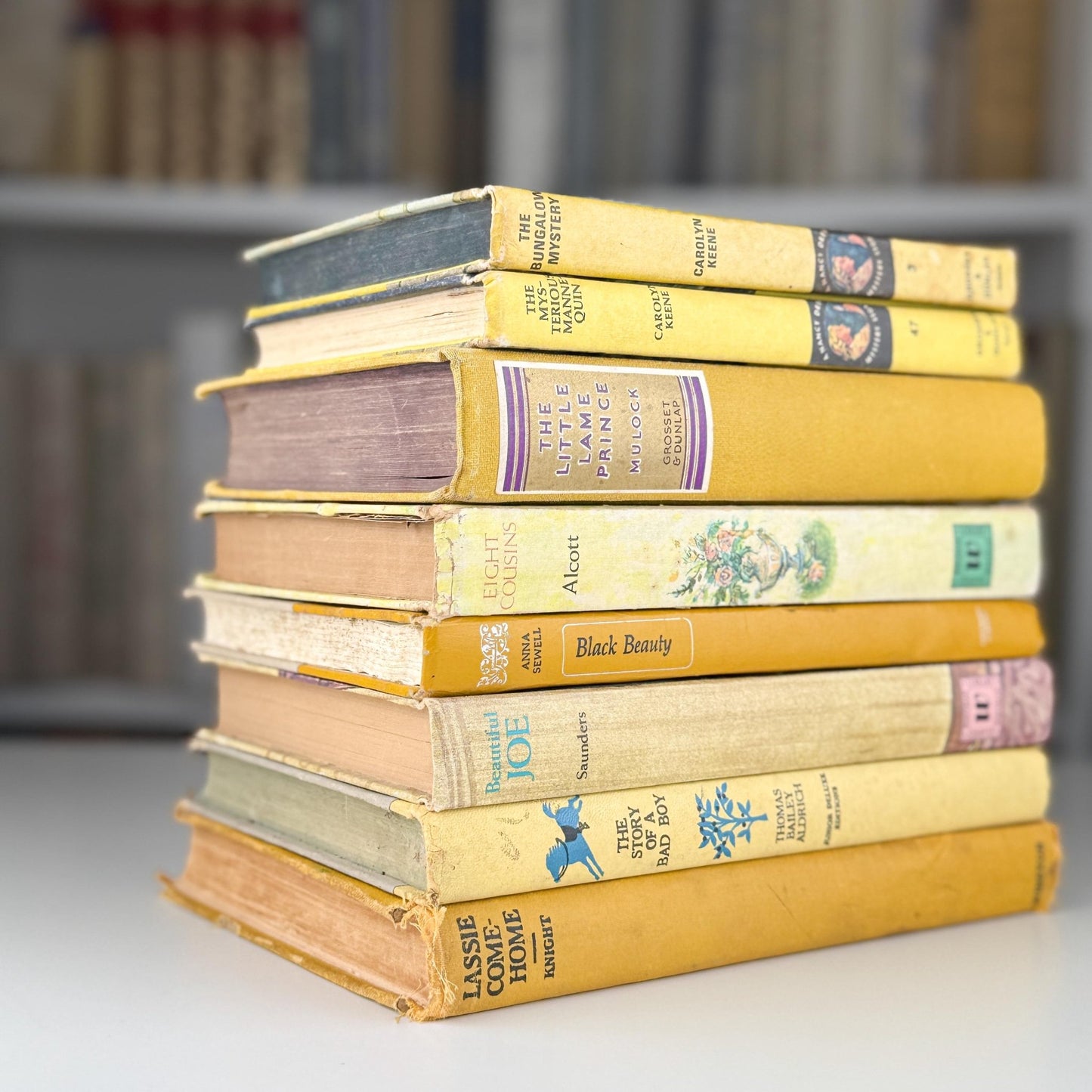Vintage Yellow and Mustard Children's Book Set for Shelf Styling - Pretty Old Books