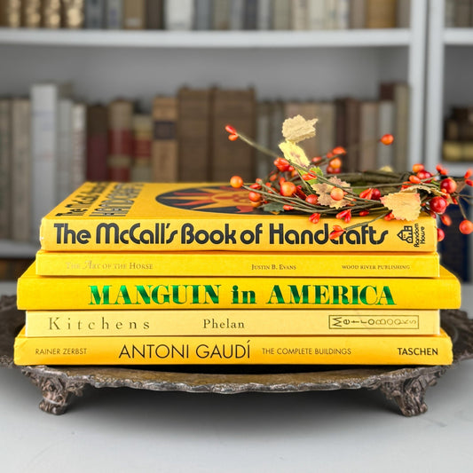 Vintage Yellow Coffee Table Book Bundle for Shelf Styling and Home Decor - Pretty Old Books