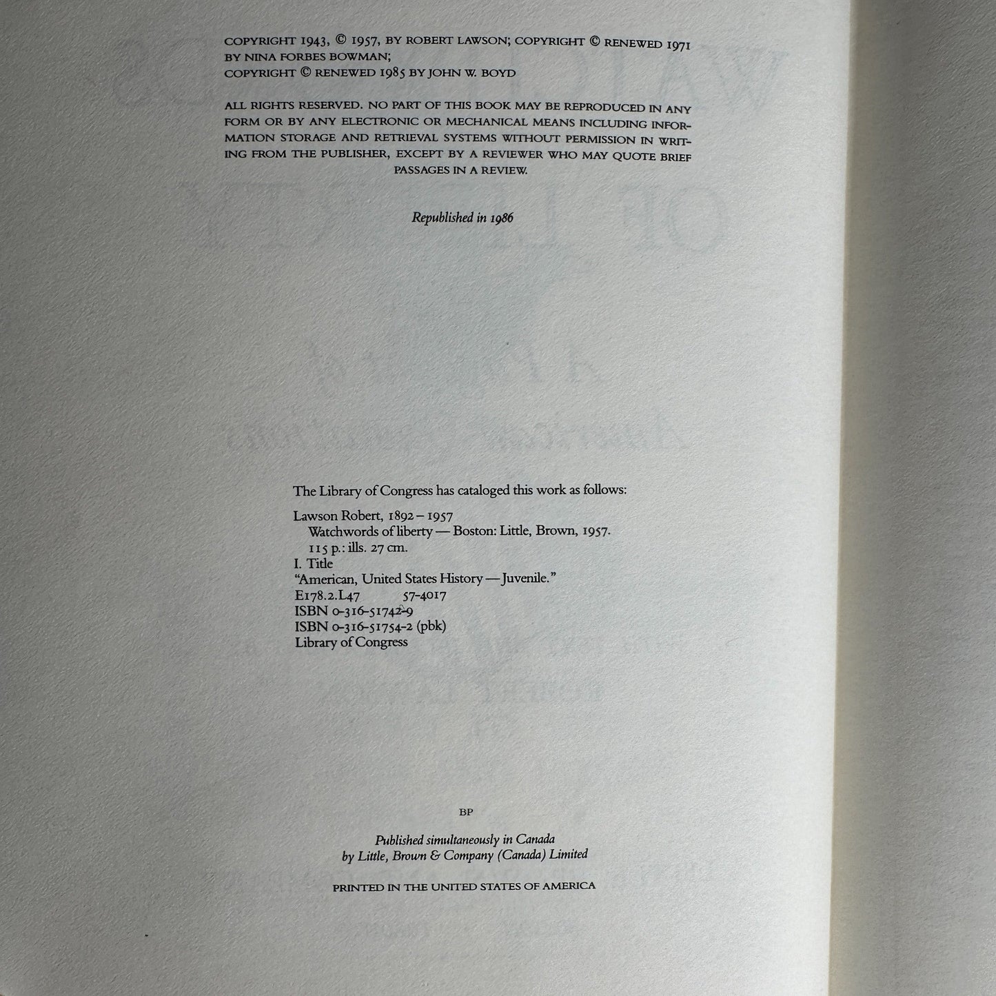 Watchwords of Liberty by Robert Lawson, 1986 - Pretty Old Books