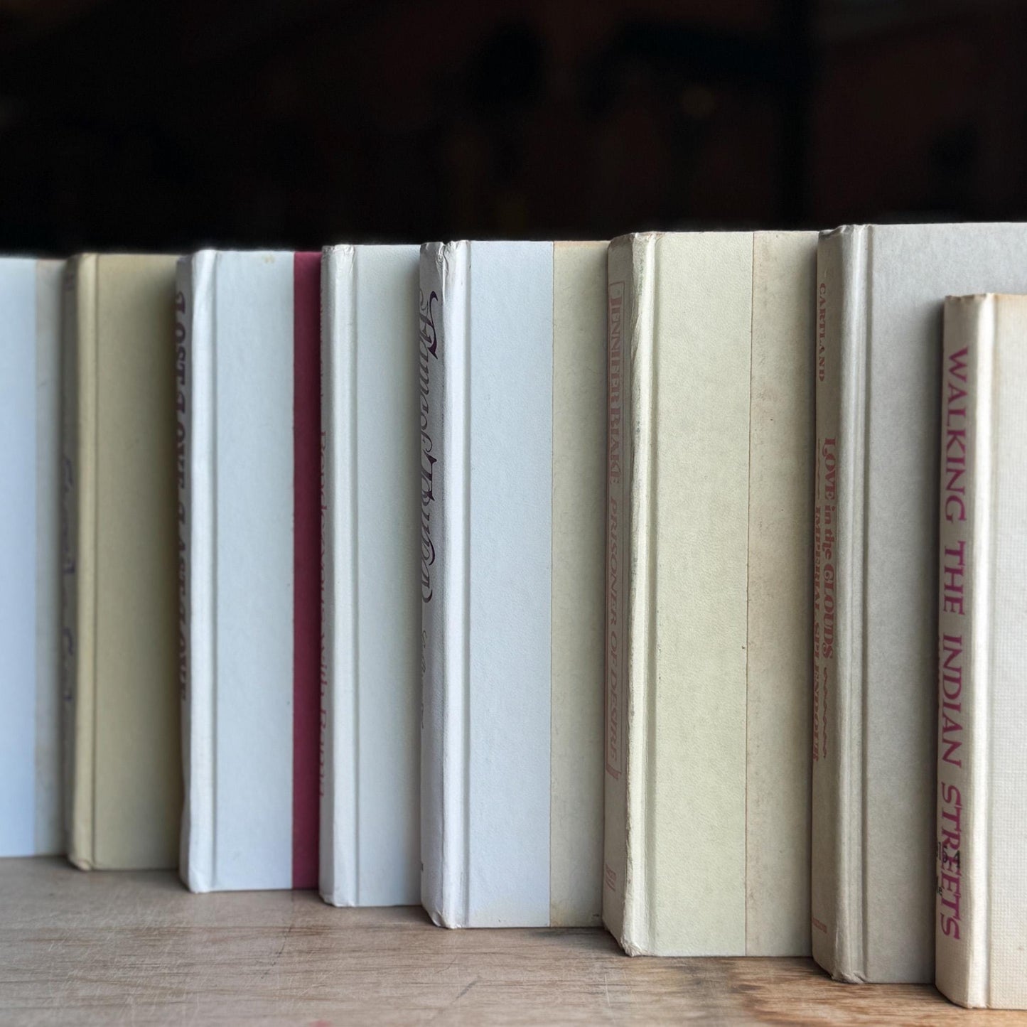 White, Beige, and Purple Vintage Book Set for Shelf Styling, Retro Purple Lettering - Pretty Old Books