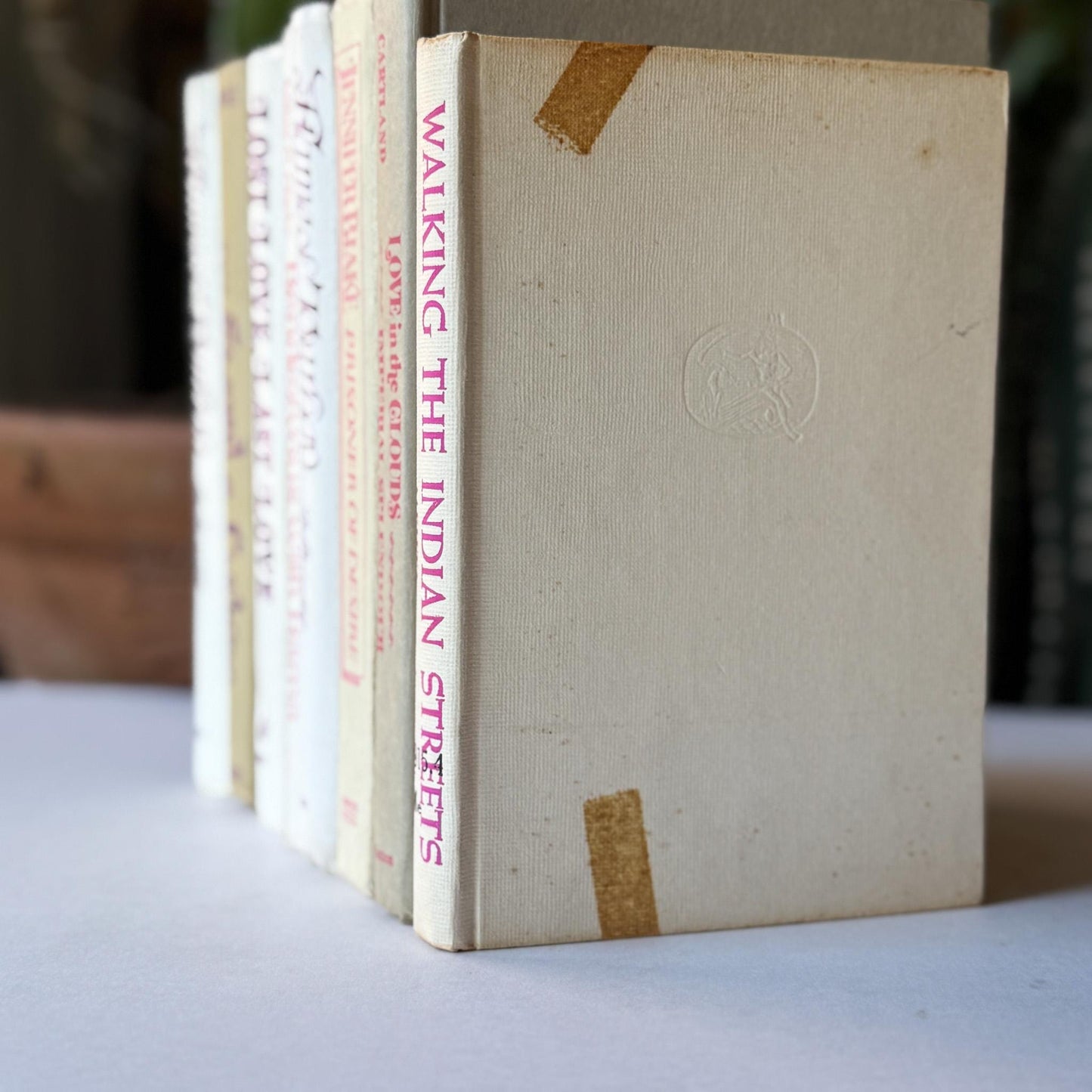 White, Beige, and Purple Vintage Book Set for Shelf Styling, Retro Purple Lettering - Pretty Old Books