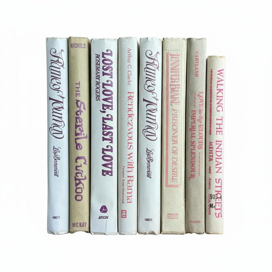White, Beige, and Purple Vintage Book Set for Shelf Styling, Retro Purple Lettering - Pretty Old Books