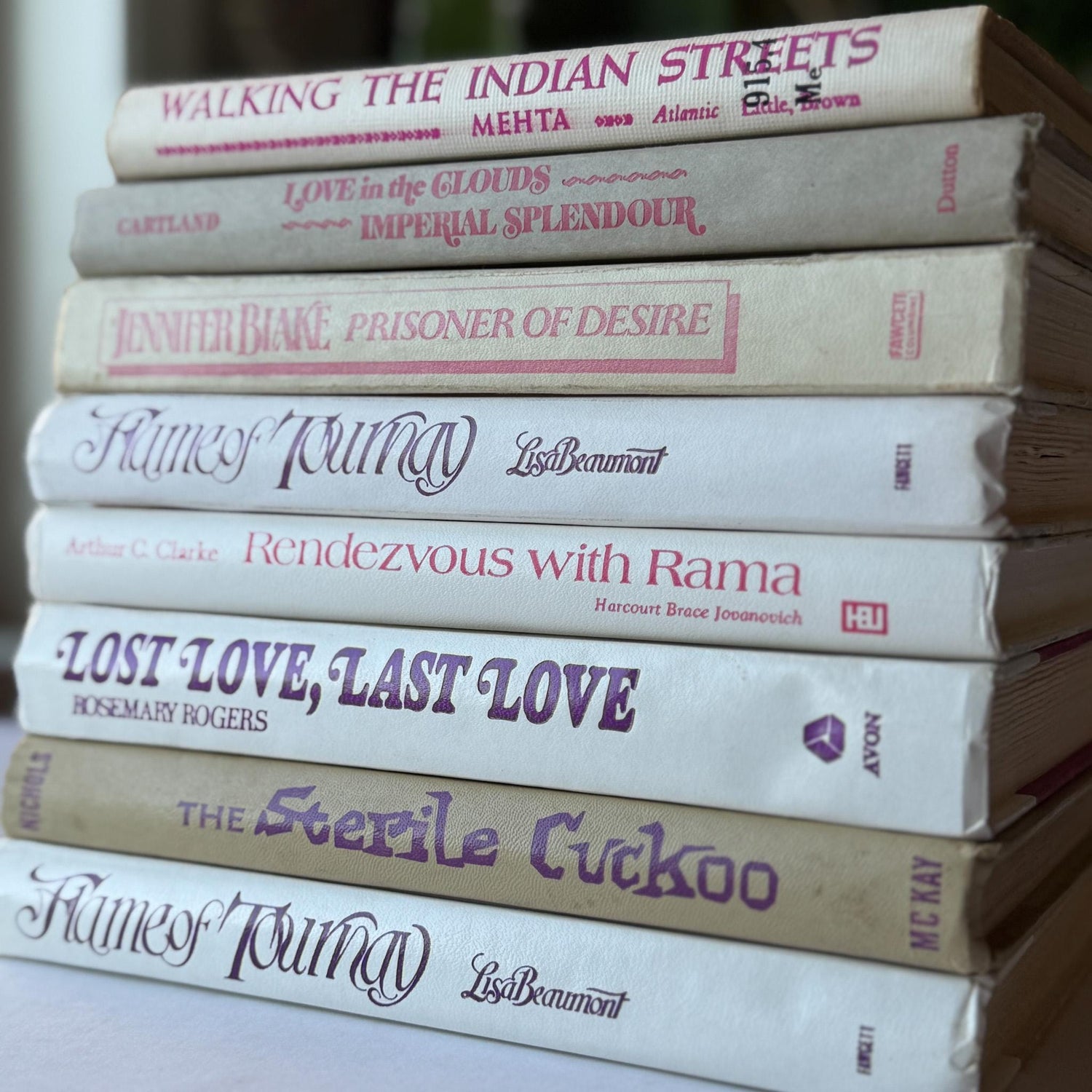 White, Beige, and Purple Vintage Book Set for Shelf Styling, Retro Purple Lettering - Pretty Old Books