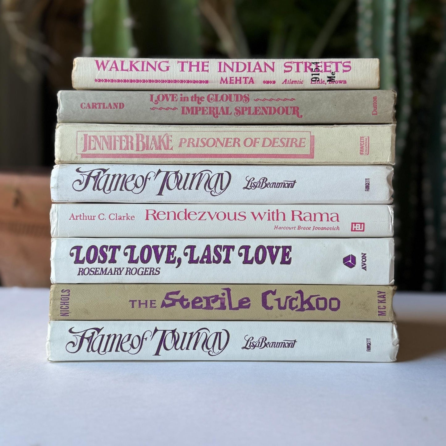 White, Beige, and Purple Vintage Book Set for Shelf Styling, Retro Purple Lettering - Pretty Old Books