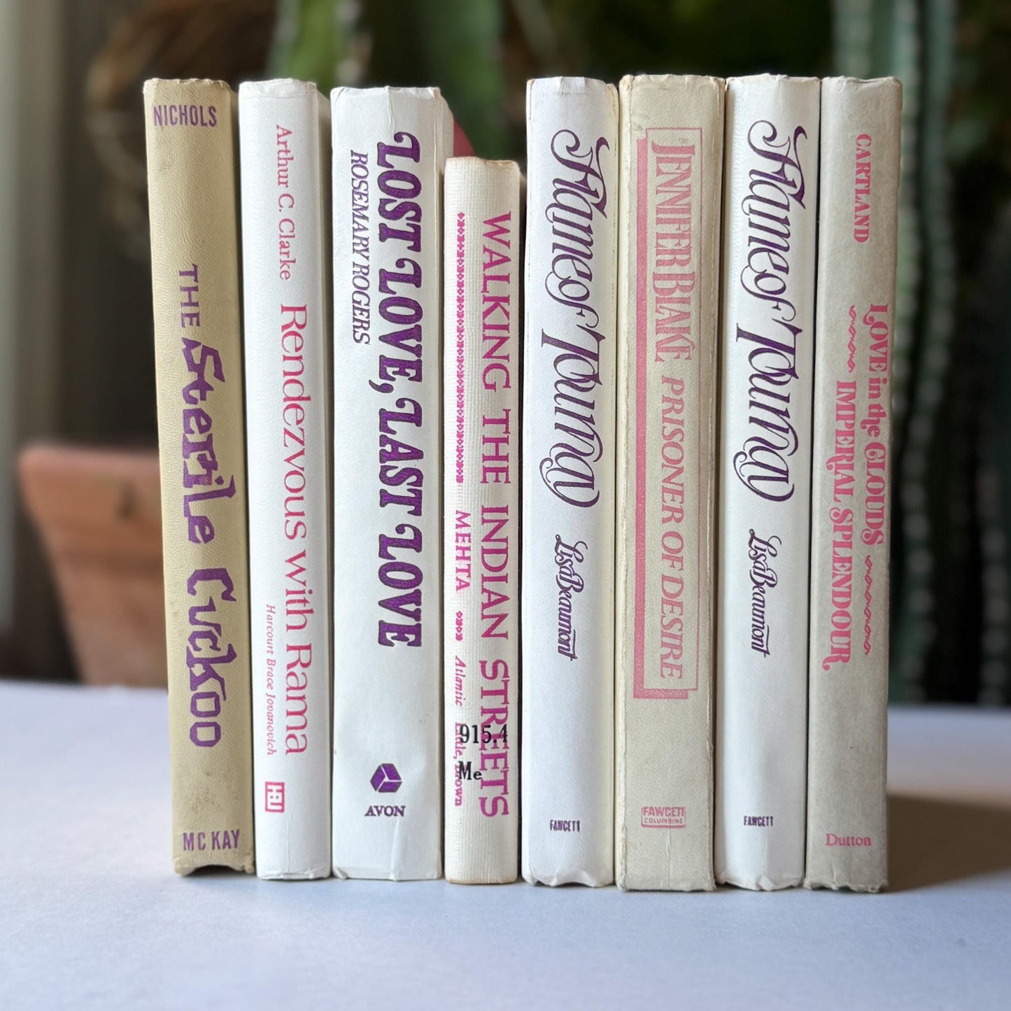 White, Beige, and Purple Vintage Book Set for Shelf Styling, Retro Purple Lettering - Pretty Old Books