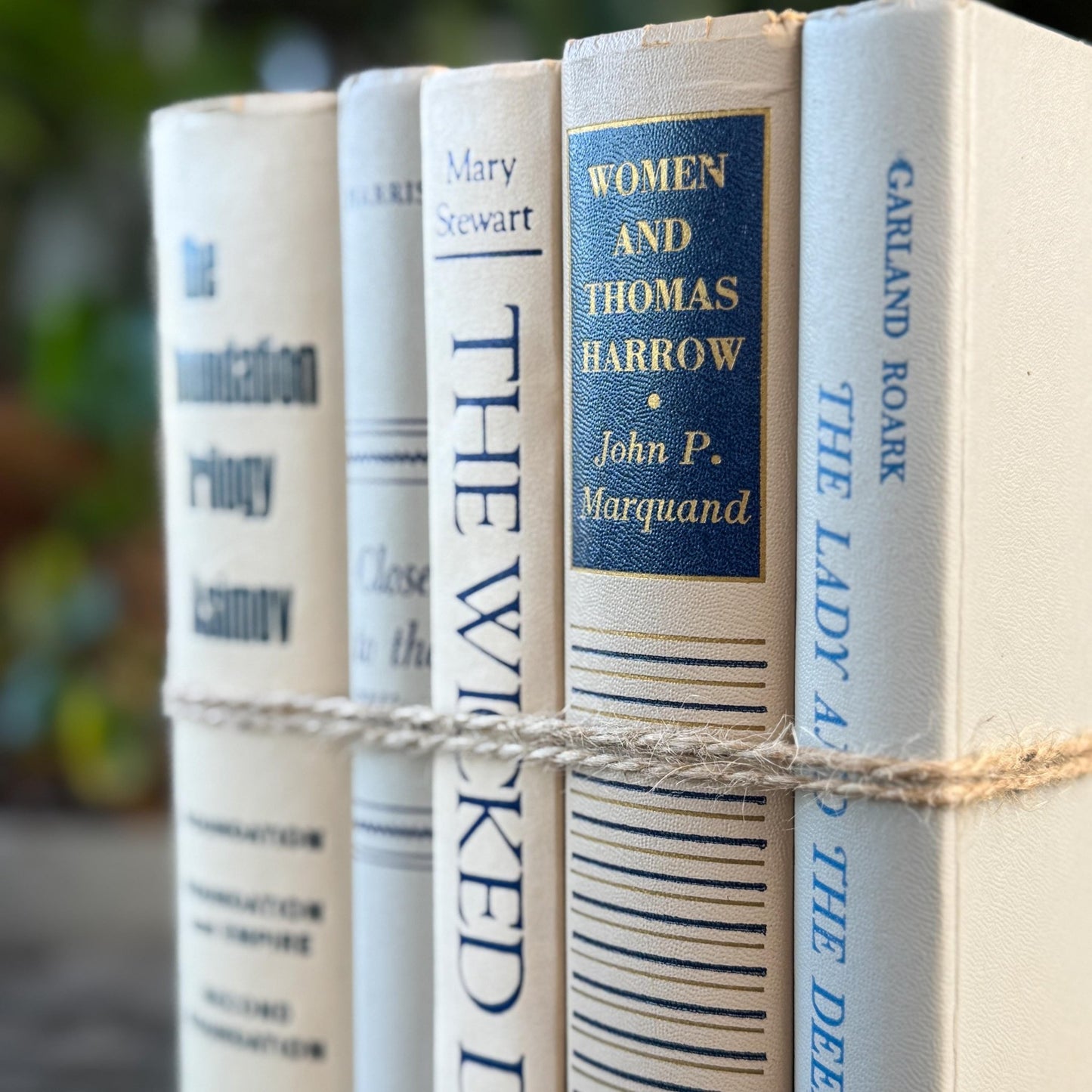 White, Beige, Gray, Blue Vintage Book Set for Mid Century Modern Shelf Styling - Pretty Old Books
