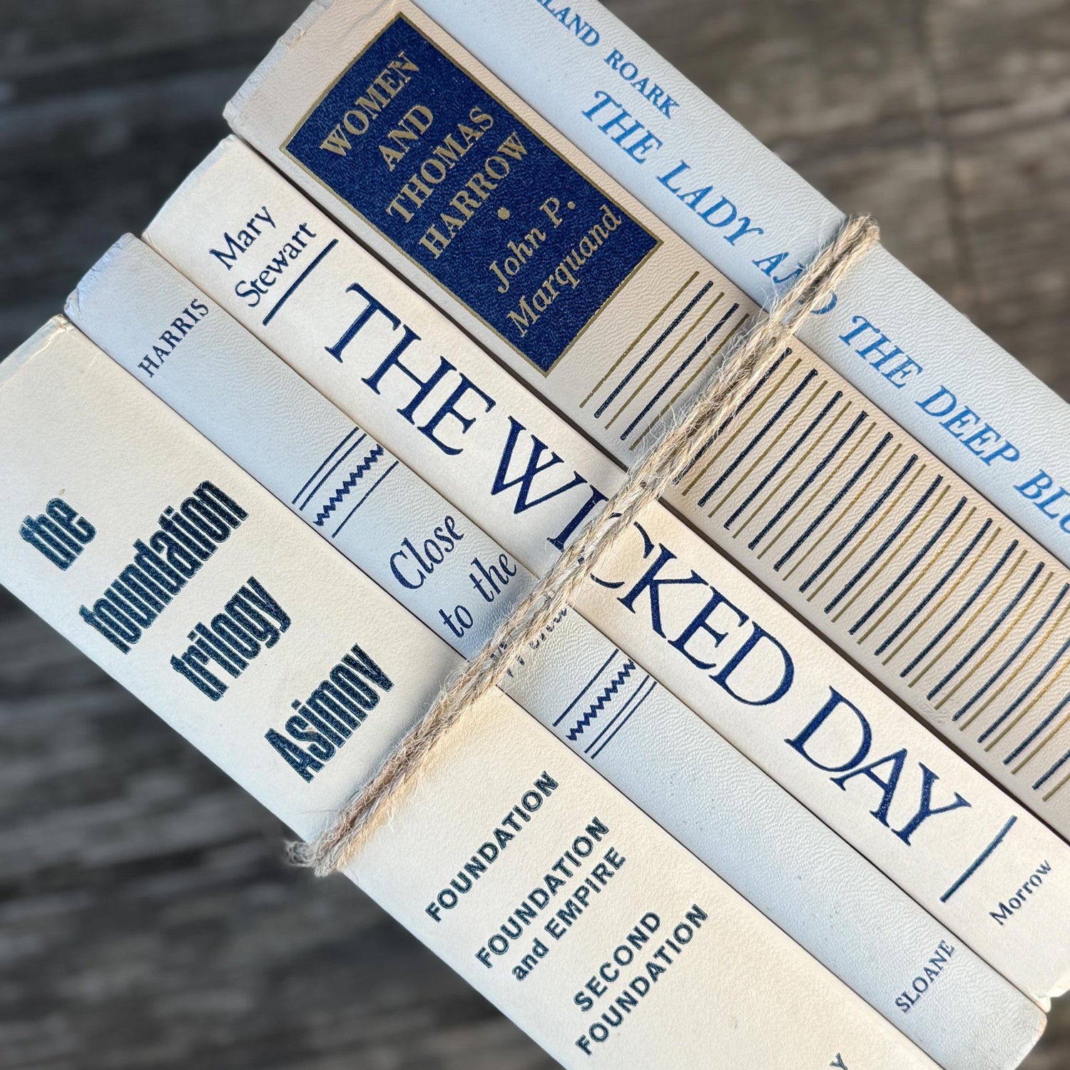 White, Beige, Gray, Blue Vintage Book Set for Mid Century Modern Shelf Styling - Pretty Old Books