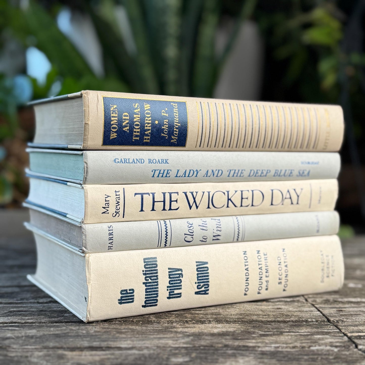 White, Beige, Gray, Blue Vintage Book Set for Mid Century Modern Shelf Styling - Pretty Old Books
