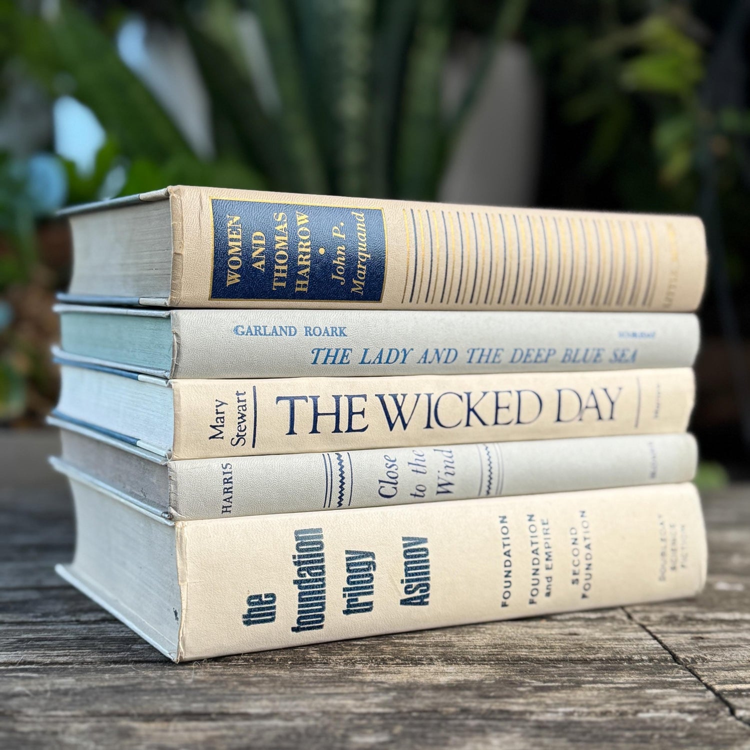 White, Beige, Gray, Blue Vintage Book Set for Mid Century Modern Shelf Styling - Pretty Old Books