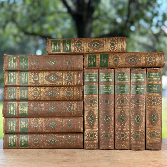 World's Greatest Literature Brown, Gold, Green Vintage Book Set for Styling - Pretty Old Books