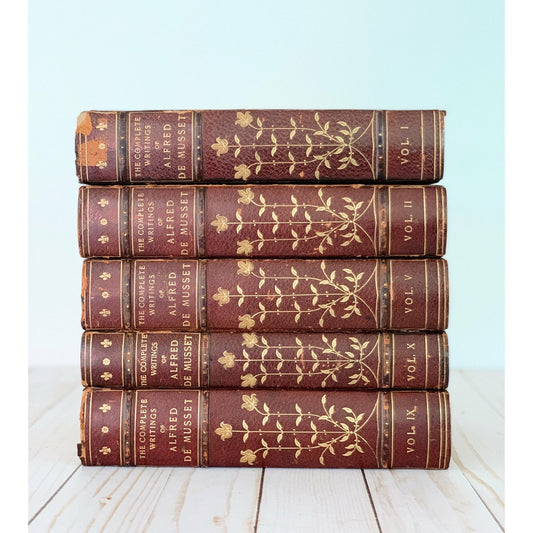 Antique Red Leather Books Alfred De Musset Book Set, Old Books for Bookshelf Decor 1905 - Pretty Old Books