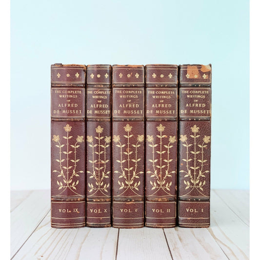 Antique Red Leather Books Alfred De Musset Book Set, Old Books for Bookshelf Decor 1905 - Pretty Old Books