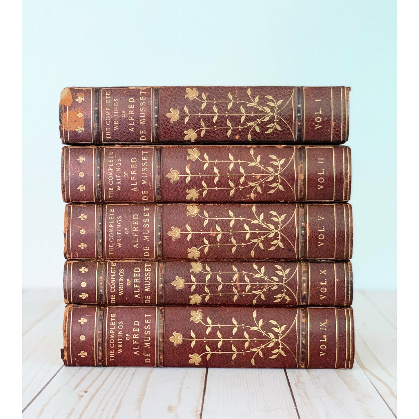 Antique Red Leather Books Alfred De Musset Book Set, Old Books for Bookshelf Decor 1905