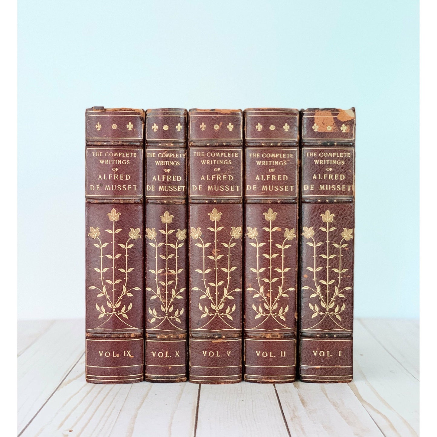 Antique Red Leather Books Alfred De Musset Book Set, Old Books for Bookshelf Decor 1905