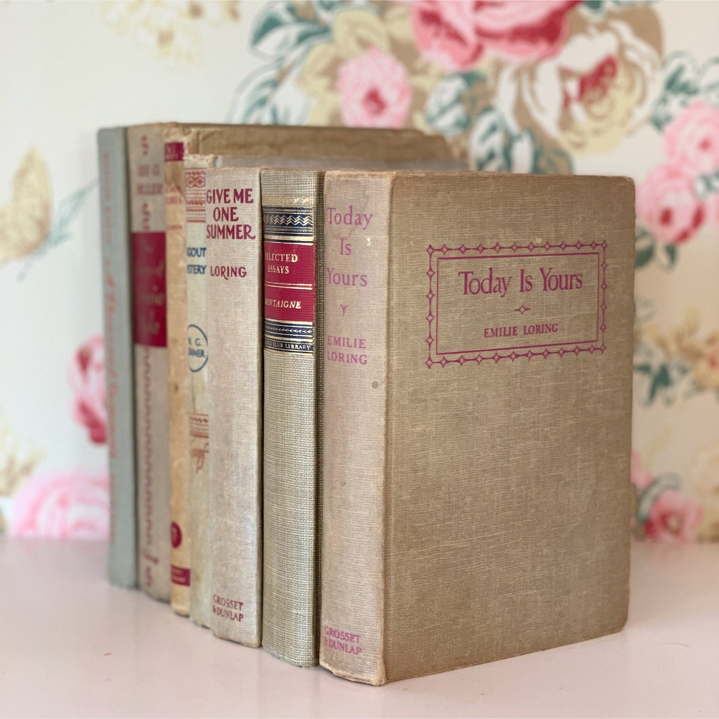 Beige and Red Book Collection, Vintage Decorative Books, Mid-Century Modern