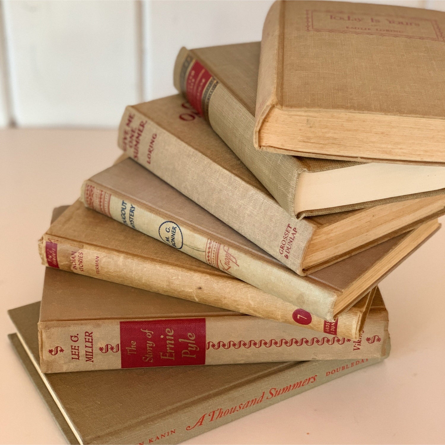Beige and Red Book Collection, Vintage Decorative Books, Mid-Century Modern