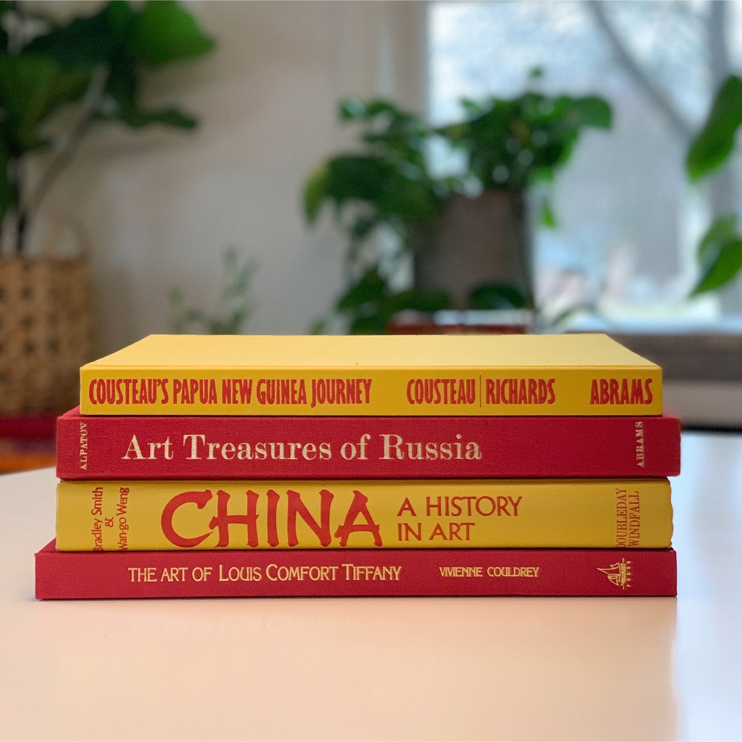Vintage Red and Yellow Art Themed Coffee Table Book Set, Bright Book Decor