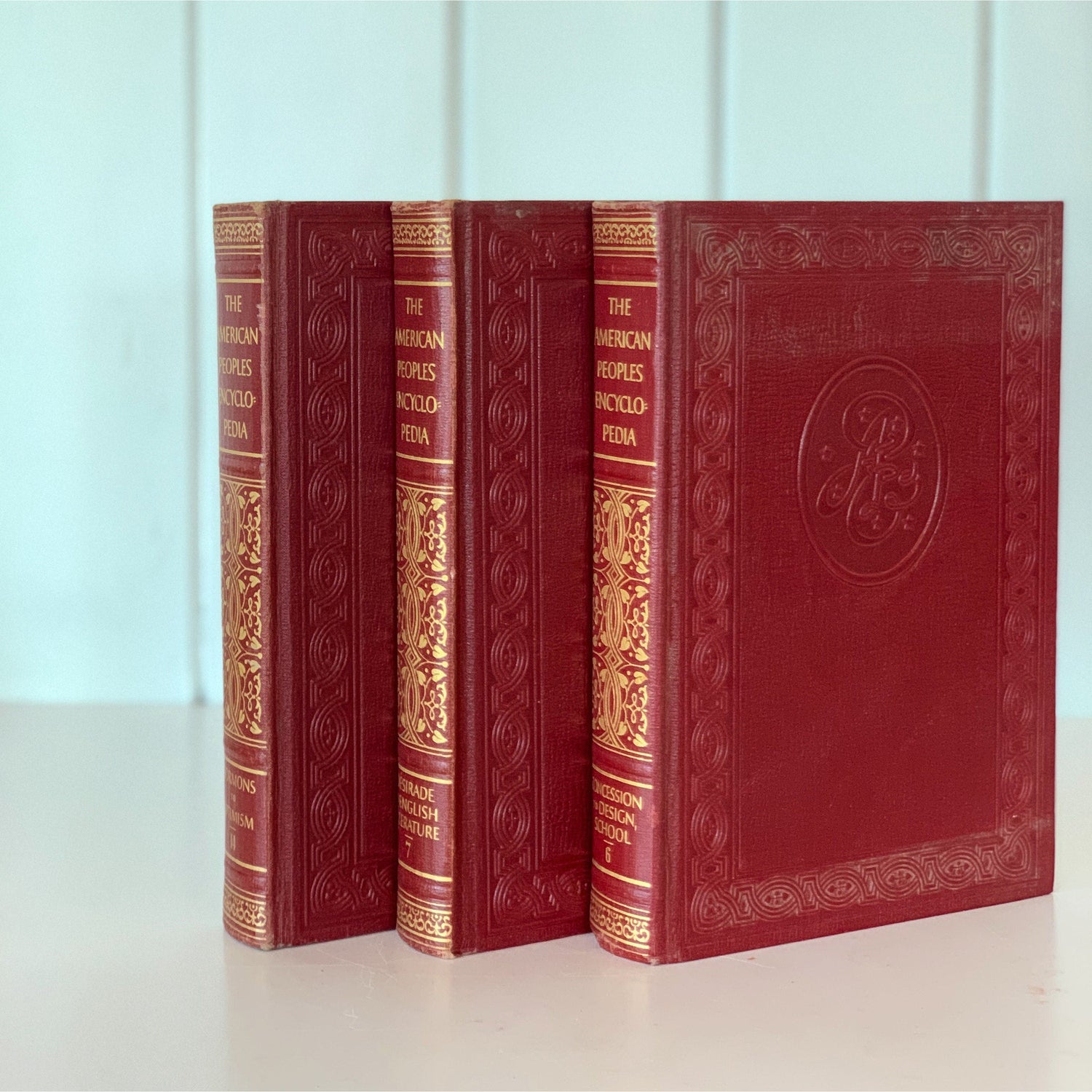 Vintage Red and Gold Ornate Books, The American People’s Encyclopedia, 1951