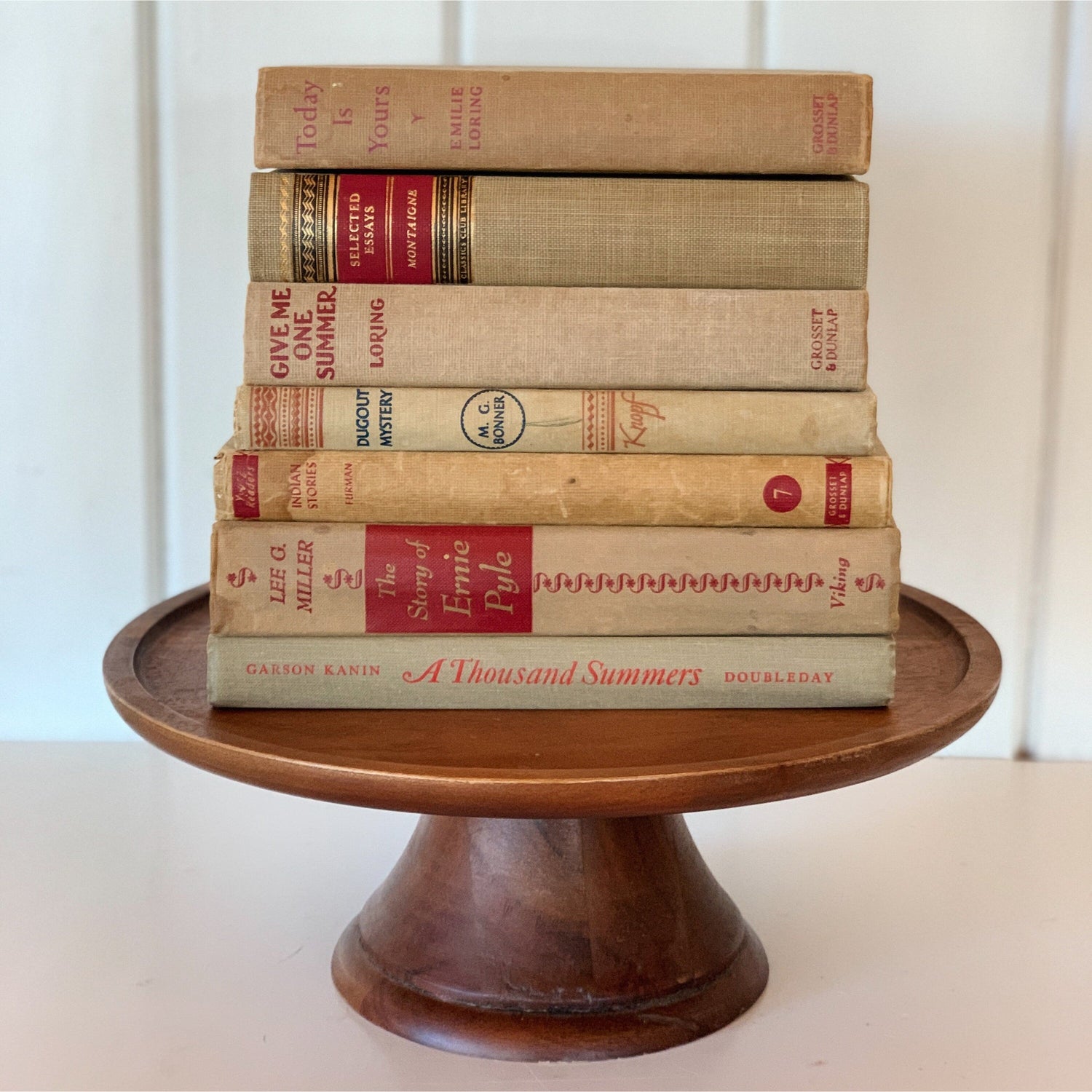Beige and Red Book Collection, Vintage Decorative Books, Mid-Century Modern