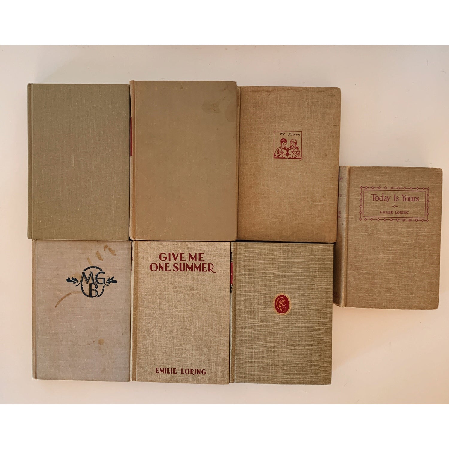 Decorative Beige, Blue, Red, and Gray Vintage Books for Decor