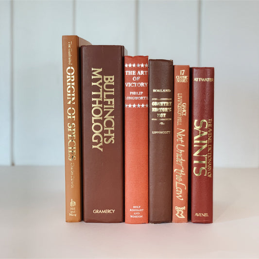 Mid-Century Vintage Terra Cotta Coral Book Bundle for Decor, Library and Office Decor