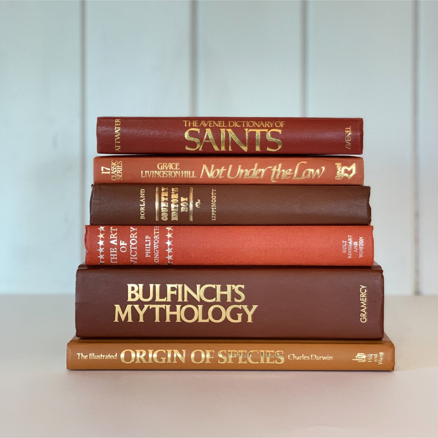 Mid-Century Vintage Terra Cotta Coral Book Bundle for Decor, Library and Office Decor