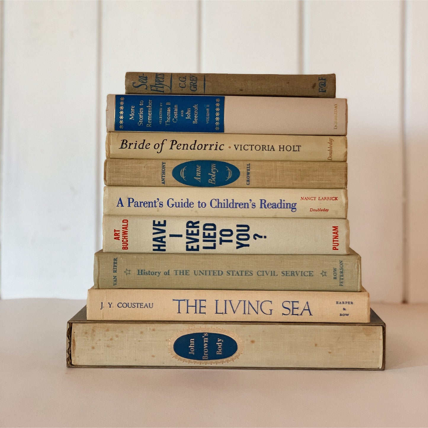 Beige and Blue Vintage Books for Decor, Handmade Bookshelf Decor, Mid Century Modern Books By Color