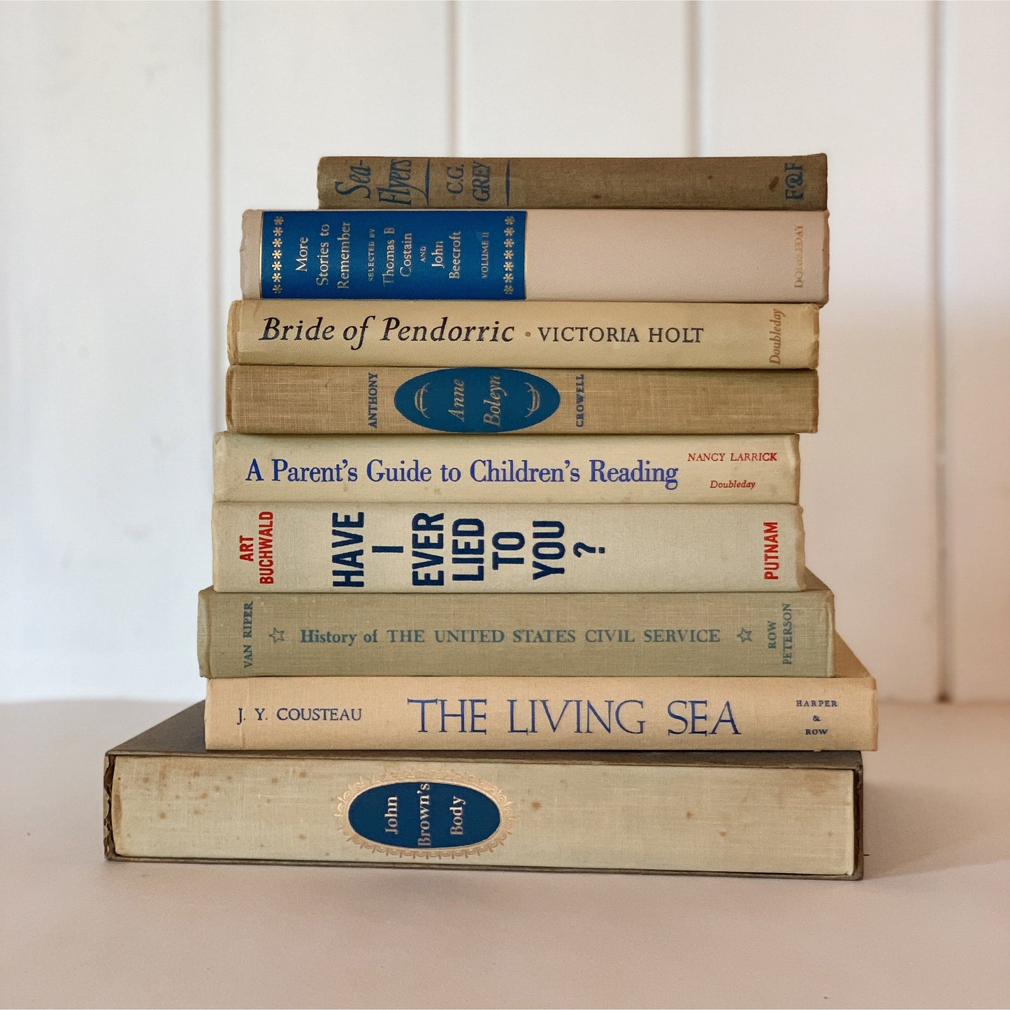 Beige and Blue Vintage Books for Decor, Handmade Bookshelf Decor, Mid Century Modern Books By Color