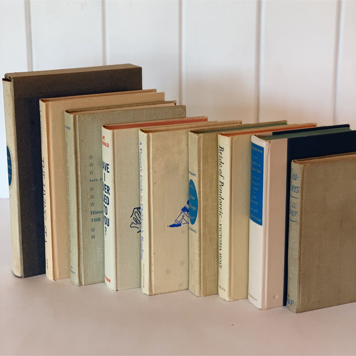 Beige and Blue Vintage Books for Decor, Handmade Bookshelf Decor, Mid Century Modern Books By Color