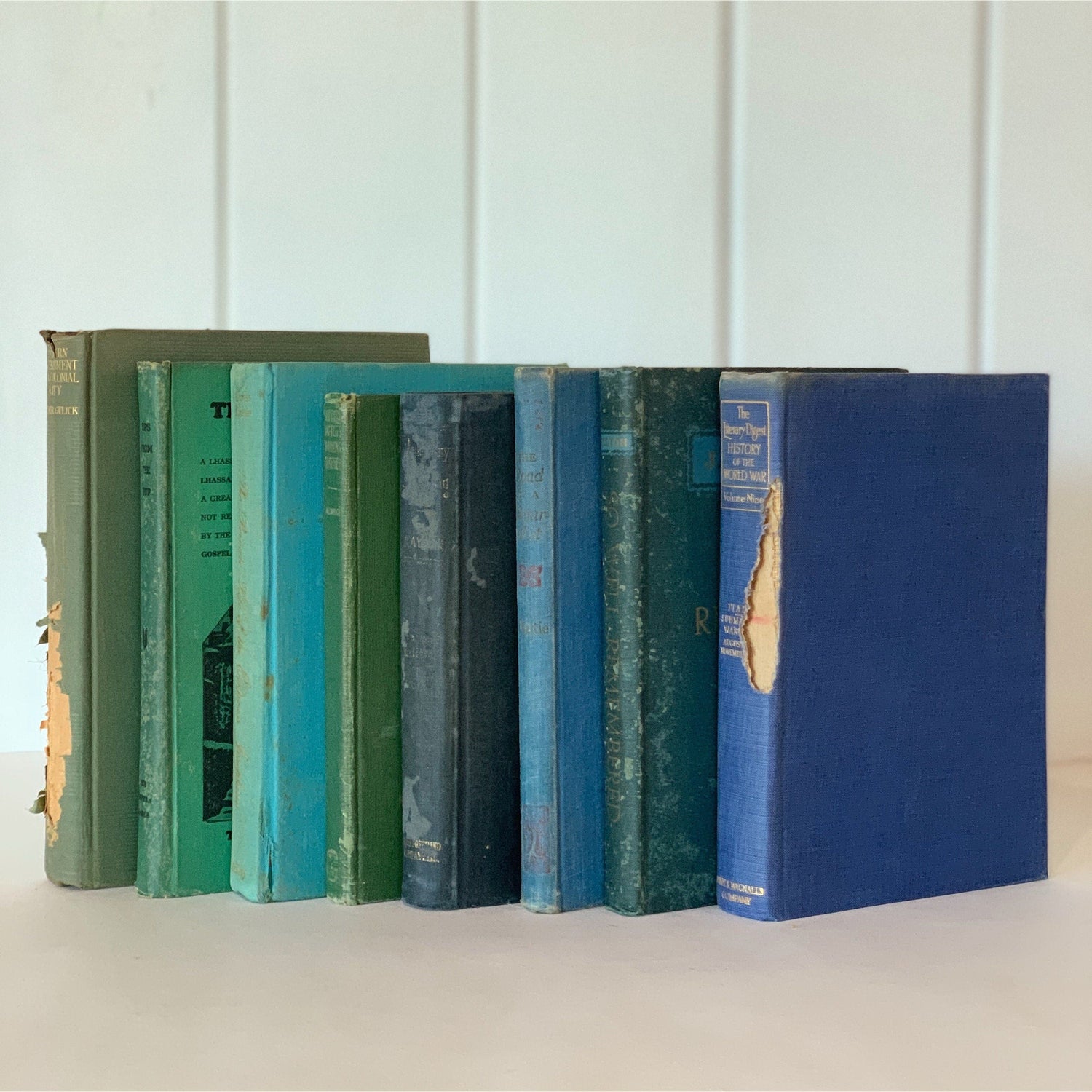 Antique Shabby Blue and Green Distressed Books for Display, Handmade Decor