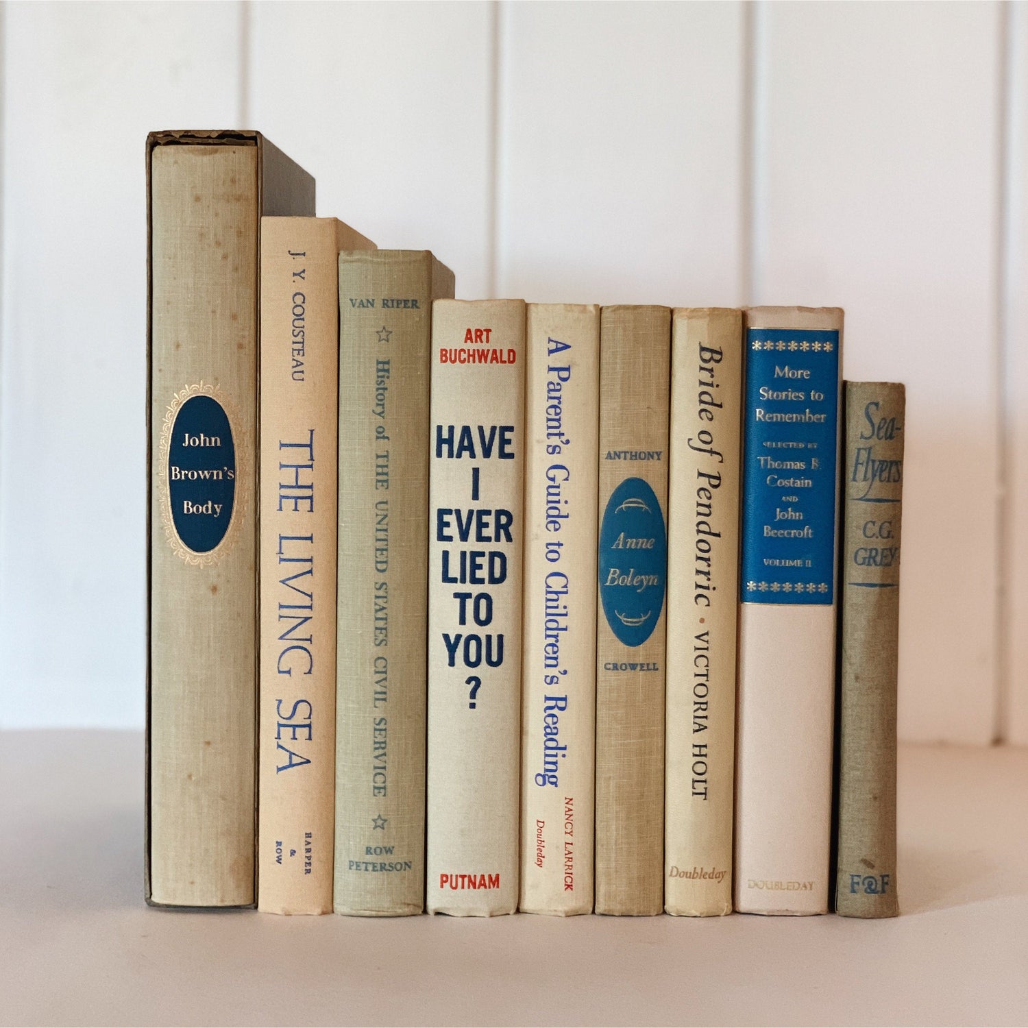Beige and Blue Vintage Books for Decor, Handmade Bookshelf Decor, Mid Century Modern Books By Color