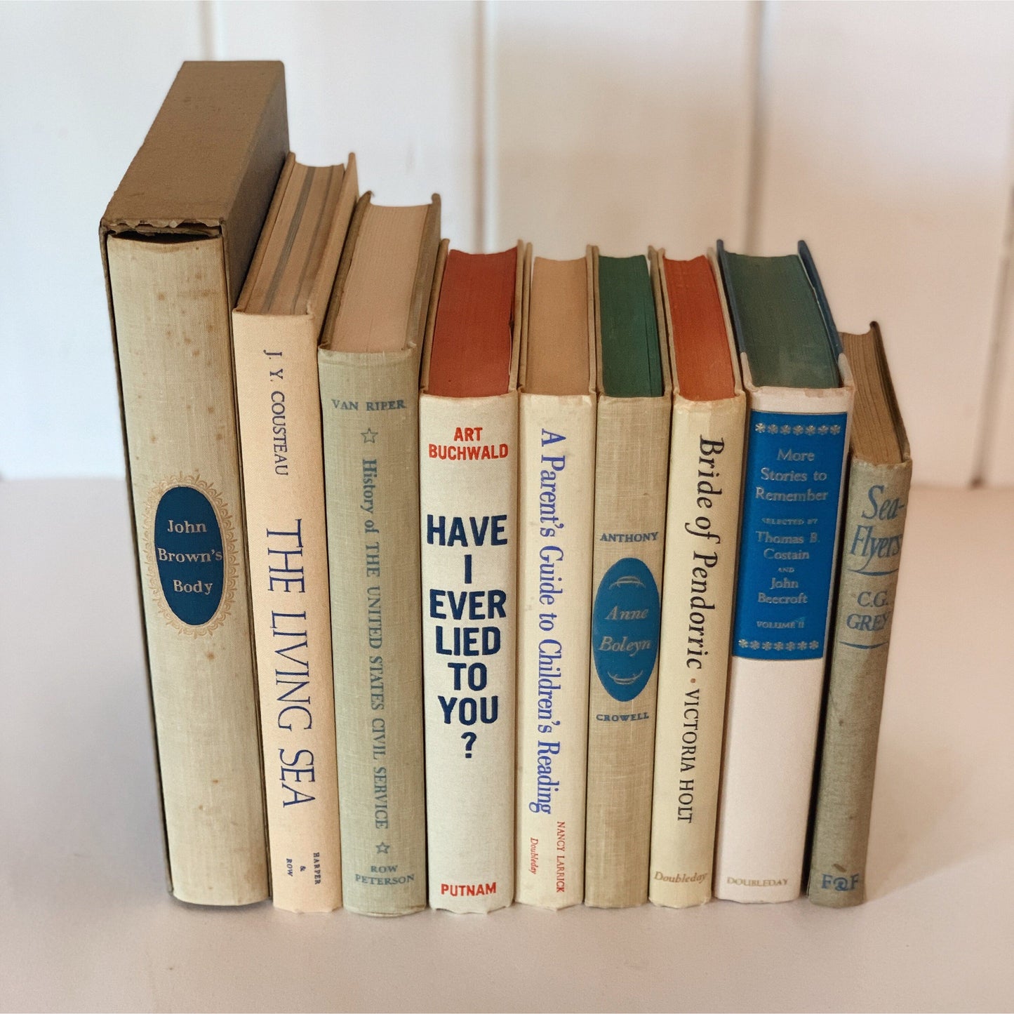 Beige and Blue Vintage Books for Decor, Handmade Bookshelf Decor, Mid Century Modern Books By Color