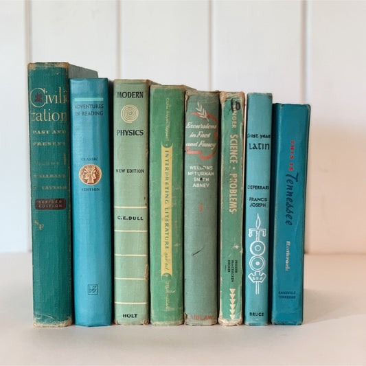 Blue and Green Vintage School Book Set, Handmade Decor, Mid Century Modern Classroom Decor