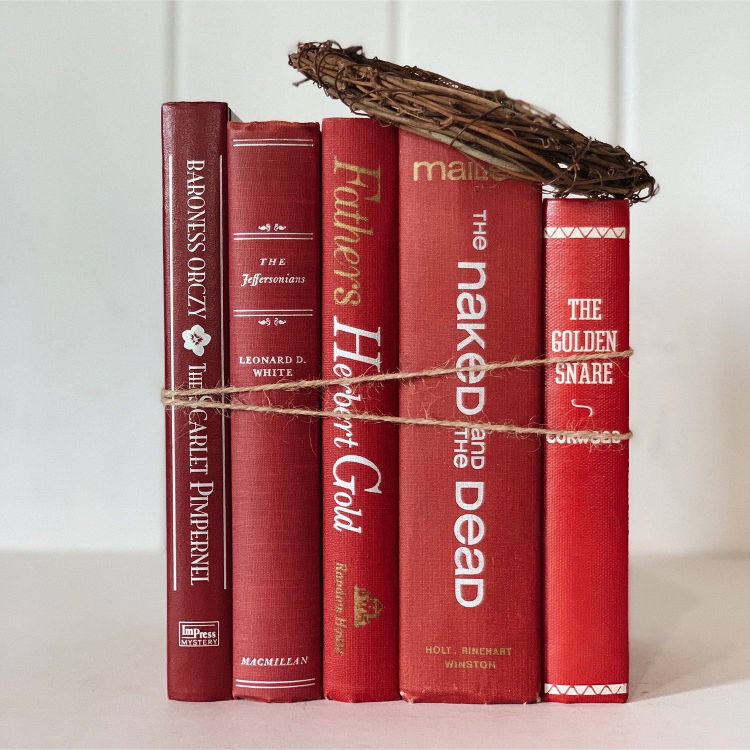 Vintage Red Book Bundle with White Lettering, Red and White Book Decor