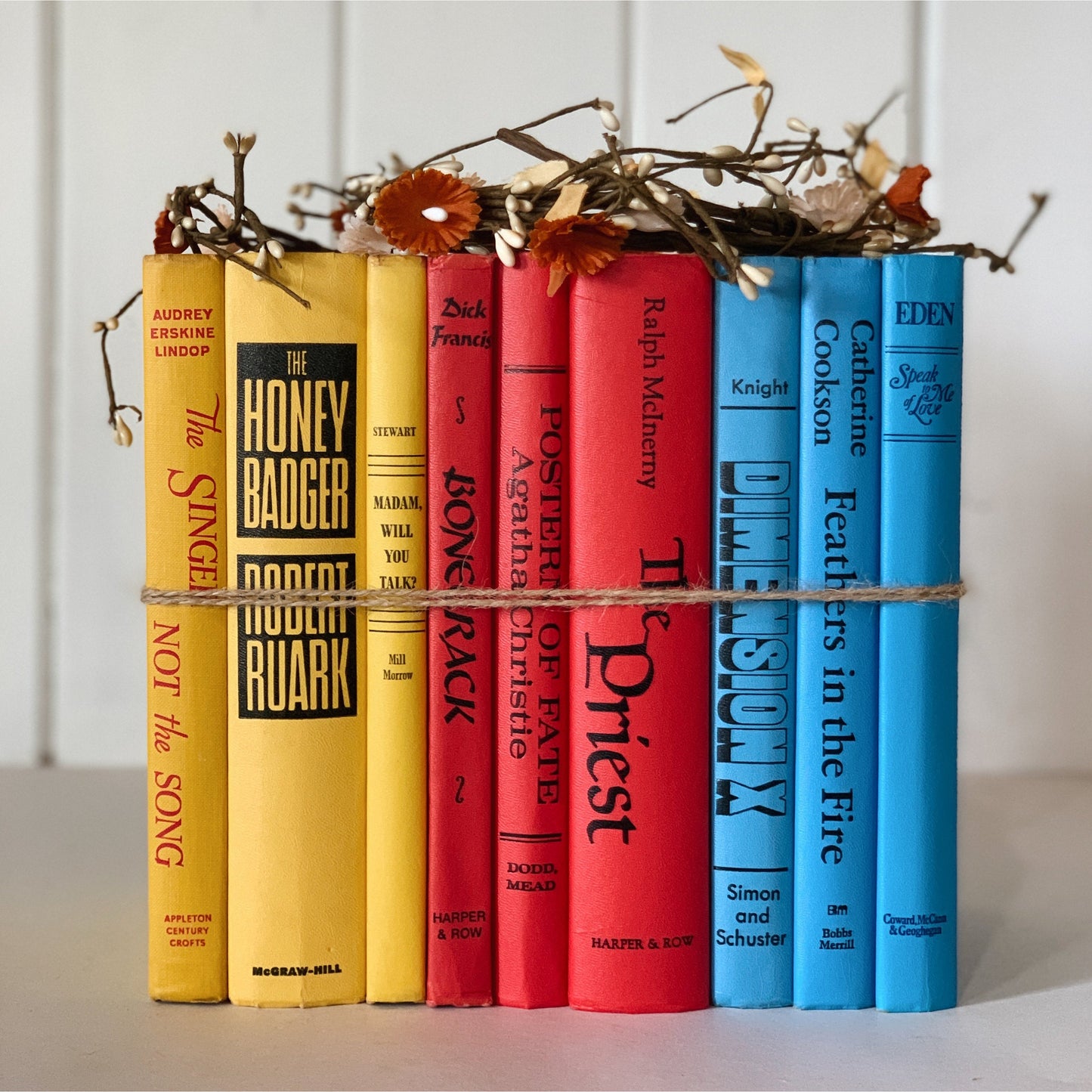 Retro Rainbow Books for Decor, Blue Red Yellow Book Bundle for Shelf Styling
