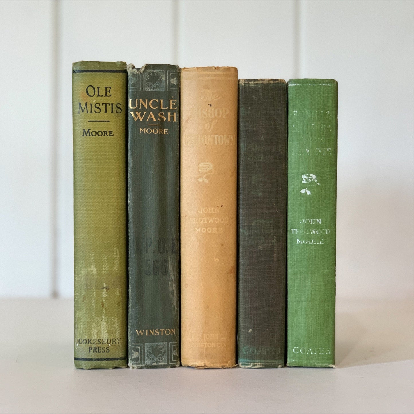 Antique Green John Trotwood Moore Novel Bundle, Books for Display, Farmhouse Bookshelf Decor,