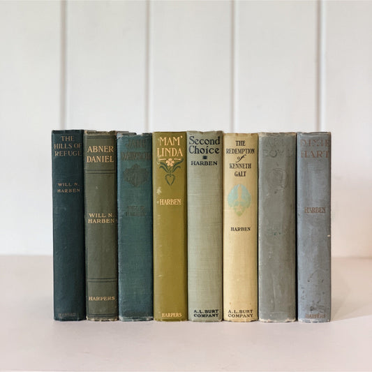 Antique Green Blue Will N. Harben Book Bundle, Books for Display