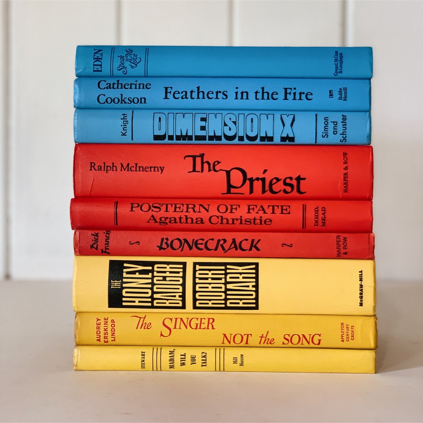 Retro Rainbow Books for Decor, Blue Red Yellow Book Bundle for Shelf Styling